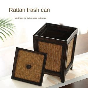 Rattan basket wooden trash can-hand woven with lid natural wood living room bedroom or bathroom