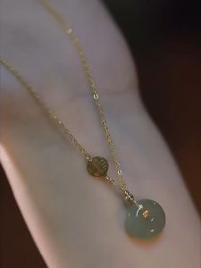 Emas 916 Hetian Jade Pendant Necklace | Gold Collarbone Chain Women Niche Design | Vintage Luxury Jewellery Gift | Malaysia Hot Sale