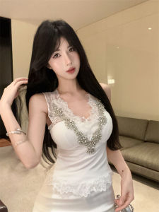 GUZILIAN | Summer Outfit Pure Desire Sweet Spicy Water Diamond Lace Patchwork Vest Strap V-neck Womens Design Sensation Sleeveless Top