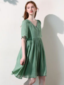 Miccbeirn | Pure Hemp Embroidered Fairy Dress V-neck Short Sleeve Midi Skirt Glowing Thread Sequin Heavy Embroidery Skin-friendly Summer Dress