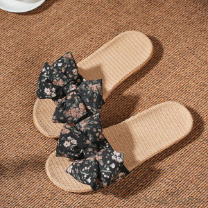 New 2025 Summer Womens Linen Slippers Indoor Soft Bottom Home Slippers with Butterfly Knot Design Quiet to Wear Outdoor