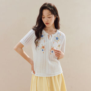 INMAN | Cool Silk Embroidered Lace-up Short Sleeve Blouse