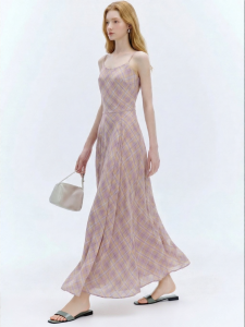 Womens Purple Long Sleeveless Summer Dress Slim Fit Vintage Plaid
