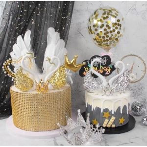 Hiasan Kue Angsa Gold Silver / Pajangan Kue Wedding Angsa Mahkota Gold Dan Silver Topper Cake / Dekorasi Kue Angsa Mahkota Gold Silver