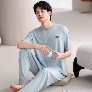 MiiOW | Catman Summer Sleepwear Loose Short Sleeve Long Pants Set Simple Solid Color Mens Home Clothes Polyester Rayon Spandex Blend