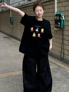 Trendy American Style Cotton Short Sleeve T-Shirt Womens Half Sleeve Top BF Lazy Style Commute Wind Creative Pattern Print