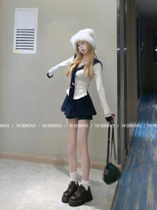 College Style JK Uniform Set Womens Spring Autumn Plaid Skirt Two Piece Set Spicy Girl Shoulder Length Sleeve Long Polyester