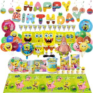 Hasbro | SpongeBob Birthday Party Decoration Kit with Aluminum Foil Balloon Kids Event Supplies Disposable Tableware Banner Backdrop Gift