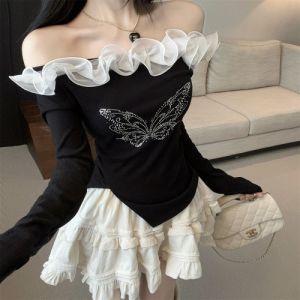 GUZILIAN | Bộ Đầm Lót Cổ Điển Giáng Sinh Pháp Có Hạt Rhinestone Hình Bướm Đỏ và Nơ Gỗ Sau Lưng