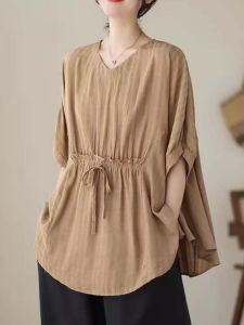 Plus Size Youthful Belly Concealing V-Neck Batwing Sleeve Check T-Shirt
