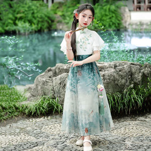 New Summer Childrens Hanfu Girls Skirt Set Water Ink Style Traditional Chinese Dress for Girls Kids Ethnic Wear