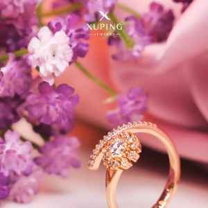 Xuping Jewelry Cincin Berlian Busur Korea Mata Gemma Bunga Aksesoris Perhiasan Lapis Emas (Uk. 6 8)