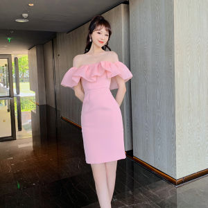 ZYHT eravogue đầm body Cổ áo một chữ bờ vai gợi cảm váy dự tiệc đám cưới sang chảnh chân váy Hồng váy dạ hội 9343