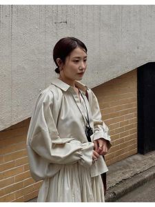 Spring Summer OL Commute Simple Loose Slimming Lantern Long Sleeve Shirt Ice Tea Grey Womens Button up Casual Fashion