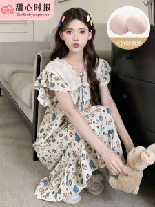 Sweet Style Womens Summer Sleep Dress with Chest Pad Half Sleeve Thin Home Clothes V-neck Pullover Polyester Fiber 100%