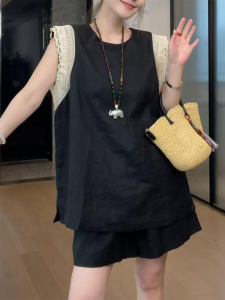 Shalldoer | Casual Lace Splice Sleeveless Womens Set Summer Design Pure Color Shorts Two-Piece Suit Lazy Feelings Fashionable Ensemble