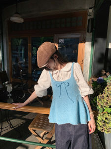 Sweet Style Knitted Butterfly Knot Vest Womens Sleeveless Top Cotton Blend Layering Clothing Korean Style Bunting Skirt
