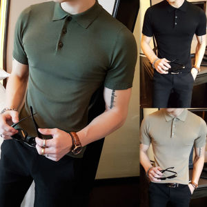 Summer New Mens Short Sleeve Polo Shirt Casual Knitted Slim Fit Elastic T-Shirt Breathable Polyester Blend British Style