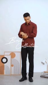 BOSS Kemeja Polos Pria Lengan Panjang Merah Maroon