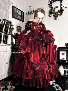 Heavy Work Lolita Dress Rose Flower Skirt Puffy Princess Vestment Dove Blood Red Color Anime Game Cosplay Costume Party Wear