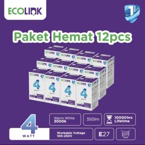 ( PAKET HEMAT ISI 12 PCS ) Ecolink Lampu Bohlam LED Bulb 4W 4 WATT Warm White 3000K Kuning Bergaransi 1 Tahun BAGUS KUALITAS TERJAMIN