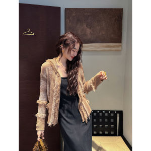 Sangji Black Flower Dreamy 2025 Spring Awakening Transparent Lightweight Tencel Linen Knitted Open Cardigan Simple Style Loose Fit