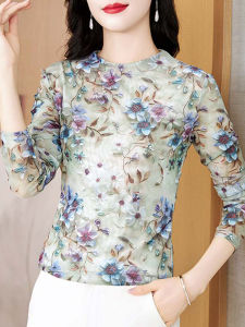 เสื้อเชิ้ตคอตั้งพิมพ์ลายผ้าตาข่ายสำหรับคุณแม่ ทรงหลวม แขนยาว ปกติ ฤดูใบไม้ร่วง 2024 เสื้อเชิ้ตแฟชั่นสำหรับผู้หญิง