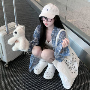 Áo Sơ Mi Kẻ Caro Cổ Polo Tay Dài Dáng Rộng Phong Cách Retro Mùa Thu Màu Xanh Dành Cho Nữ Áo Khoác Ngoài Thường Ngày