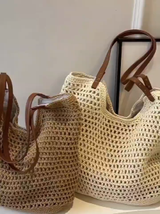 Leisure Hollow Mesh Large Capacity Hand-held Tote Bag Cotton Woven Shoulder Bag Summer Bali Beach Vacation Womens Bag