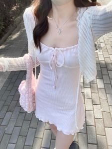 YUEZHONGWEI | Youthful Korean Style Autumn Set White Iced Silk Cardigan and Pink Strap Dress