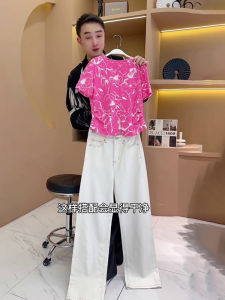 Summer Casual Sportswear Set Womens Fashionable Design White Jeans Two-Piece Suit Cotton round Neck Short Sleeve Overalls