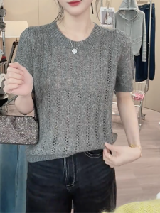 QINGNAER | Soft Gentle Gray Short Sleeve Round Neck Knit Shirt Loose