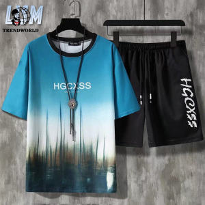 ชุดกีฬาลำลองสั้น2ชิ้นสำหรับผู้ชายฤดูร้อนฤดูร้อนพิมพ์ลายแฟชั่นระบายอากาศกลางแจ้ง