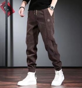 Mens Corduroy Leisure Pants Thickened Fleece Autumn Winter Cuffed Long Trousers Youthful Style Casual Fashion Loose Fit