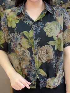 Summer 2025 New Style Thin Floral Print Loose Fit Short Sleeve Shirt Womens Premium Quality Fashionable Top Moms Clothing