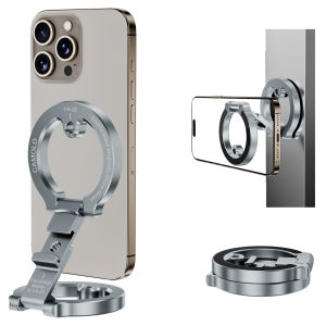 CAMOLO Dual-Side Magnetic Magsafe Phone Holder for iPhone Android 1/4" Screw Tripod Mount Foldable Magnet Phone Mount with Ring