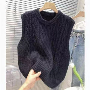 Retro Twist แขนกุด ถัก เสื้อสเวตเตอร์ ผู้หญิง ฤดูใบไม้ผลิ ฤดูใบไม้ร่วง หนาขึ้น หลวม Layered Wear คอกลม เล็ก เสื้อกั๊ก เสื้อแจ๊กเก็ต