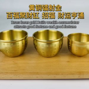 YMS 黄铜镭射金百福聚财缸 招财进宝米缸 (招财纳福 附送元宝铜钱) 百福缸 风水用品 正财偏财运 招财缸 风水摆件 神台用品 黄铜缸 米缸底座 山水底座 Feng Shui Lucky Copper Rice Tank 1 set