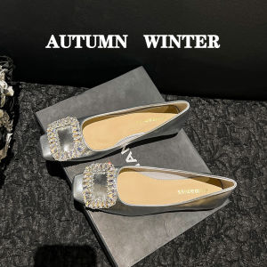 French Rhinestone Buckle Single Shoes Women Design Sensation Small Audience Elegance Lady Evening Shoes Thick Heel Large Size Female Shoes 41-43