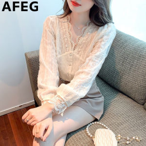 AFEG new Korean version V-neck short fashion loose all-match chiffon stitching lace long-sleeved blouse for women
