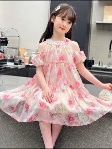 (KIDSFO-23/42) 3-8Thn Dress Anak Remaja Perempuan Gaun Tanpa Lengan Bunga Berkilat