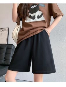 Black Cotton Shorts Womens High Waist Loose Fit Summer Thin Five-Quarter Length Sporty Casual Pants Street Style Straight Leg