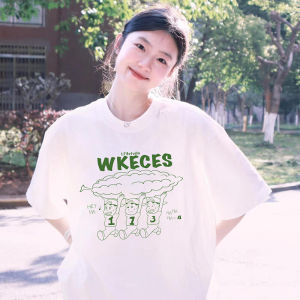 เสื้อยืดคอกลมแขนสั้นผ้าฝ้ายลายพิมพ์ลายใหม่สำหรับผู้หญิงในช่วงฤดูร้อนปี 2025 เสื้อยืดคอกลมทรงหลวมสีขาวสำหรับผู้หญิง