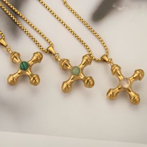 1PCS Cross Stainless Steel PVD Gold Plated with Natural Stone 60cm Womens Sweater Chain Charm Jewelry Accessory Found 2024