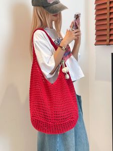 Summer Hollow out Woven Bag Lazy Loose Feeling Womens Bag 2025 New Style Beach Vacation Single Shoulder Bag Soft Tote Bag