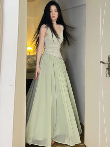 QIANMANZI | Đầm Maxi A-Line Tay Ngắn Cổ U Phong Cách Hàn Quốc