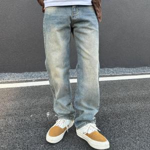 Washed Vintage Blue Straight Leg Jeans Casual Versatile Retro Fashion Mens Trendy All-Match Jeans Cotton Polyester Blend