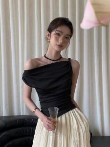 Elegant French Asymmetric Shoulder Bared T-shirt Womens Summer New Style High Waist Slimming Short Vest Top Korean Style Commute Pure Color