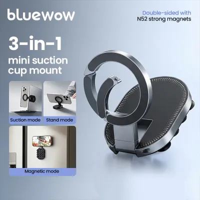 BlueWow Universal Foldable Magnetic Phone Holder 3-in-1 Detachable Suction Cup Stand for Car Dashboard Windshield Desk Travel Vlog Compatible with Magsafe & All Smartphones