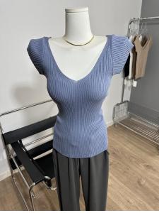 Áo Thun Dệt Kim Tay Ngắn Cổ Chữ V Sâu U Phong Cách Thanh Lịch Cho Nữ Áo Thun Dáng Ôm Vừa Vặn Tay Lỡ Chất Liệu Polyester